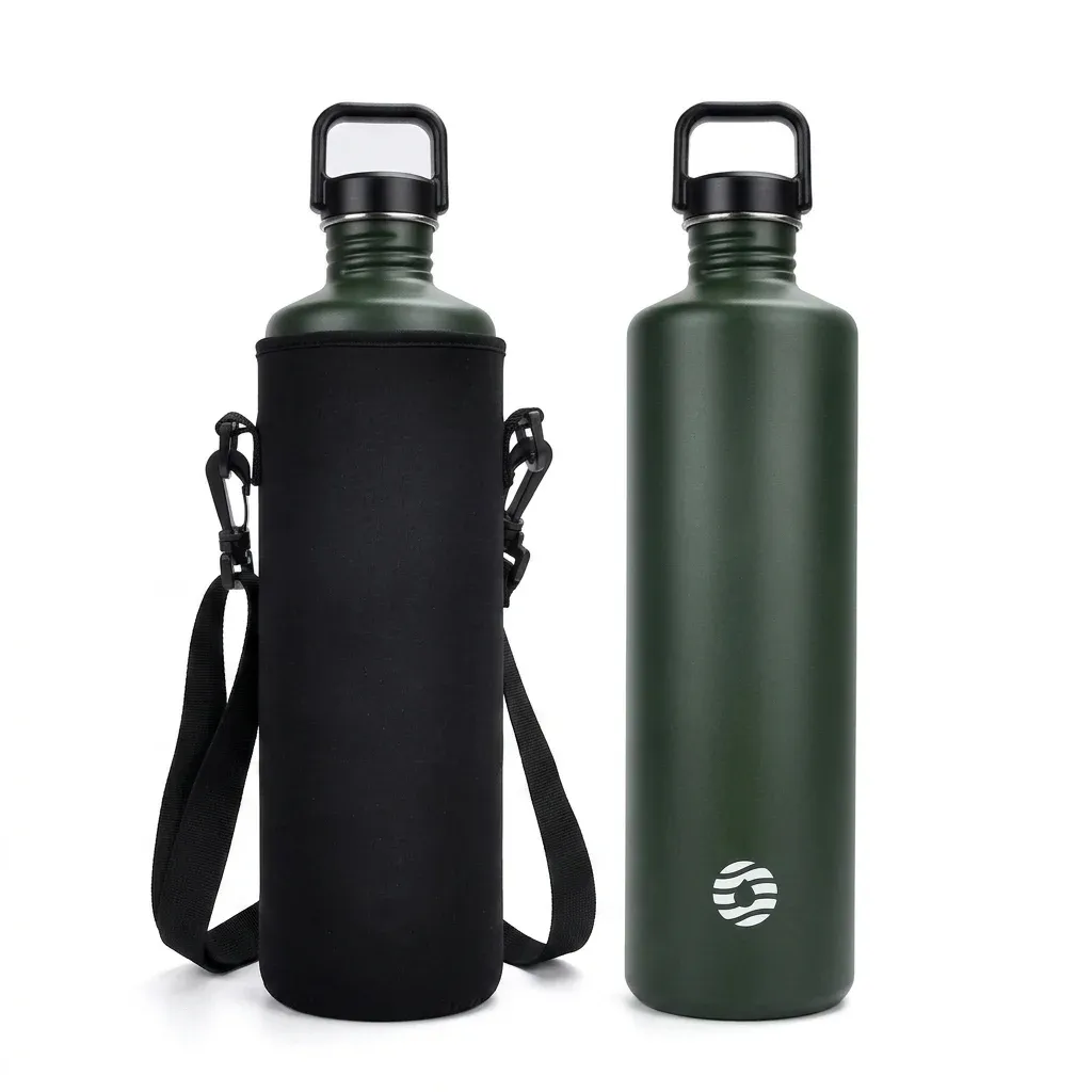Green stainless steel bottle with black sleeve