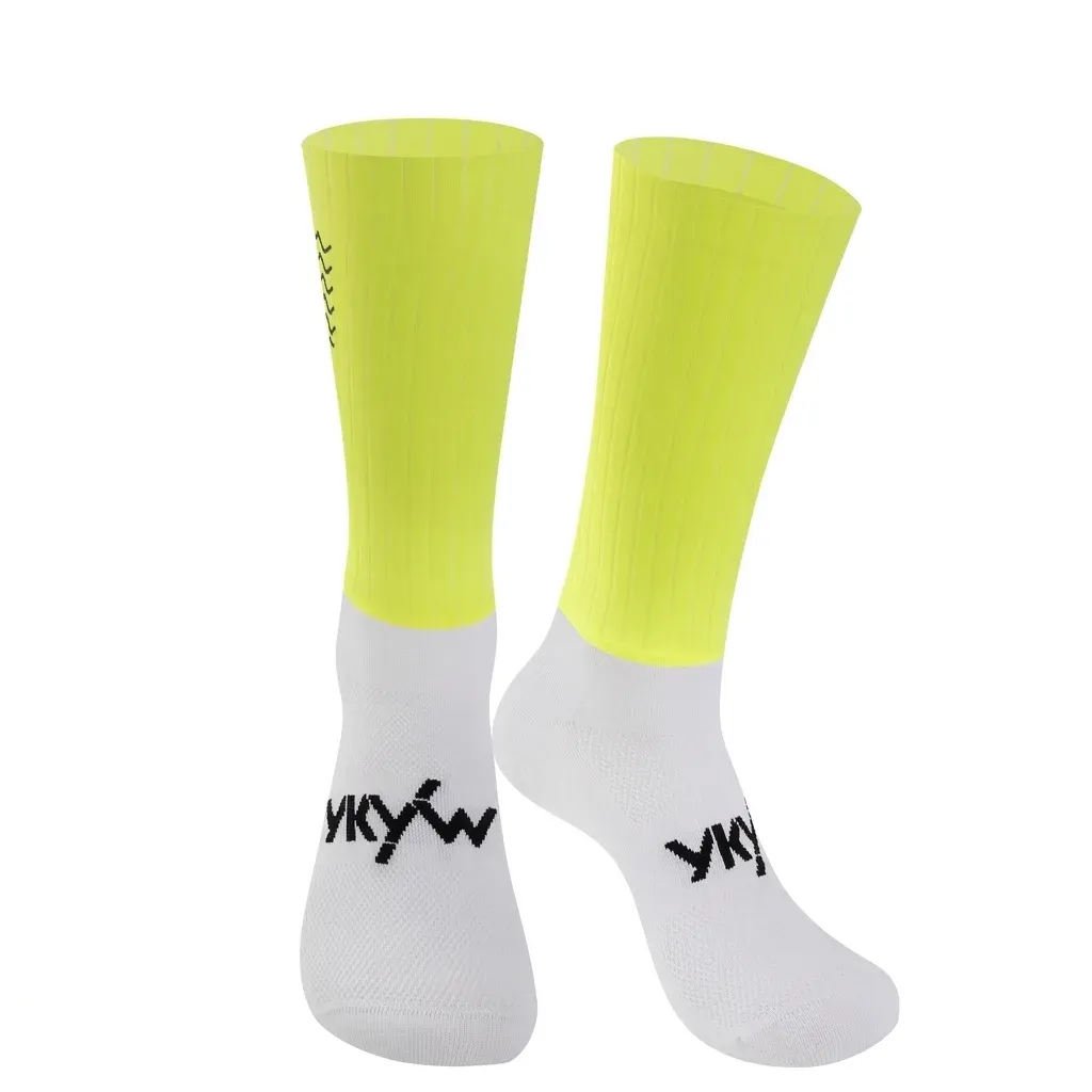 YKYWBIKE neon yellow white cycling socks