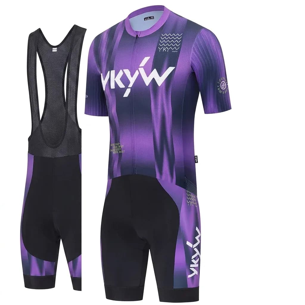 Purple cycling jersey and bib shorts set