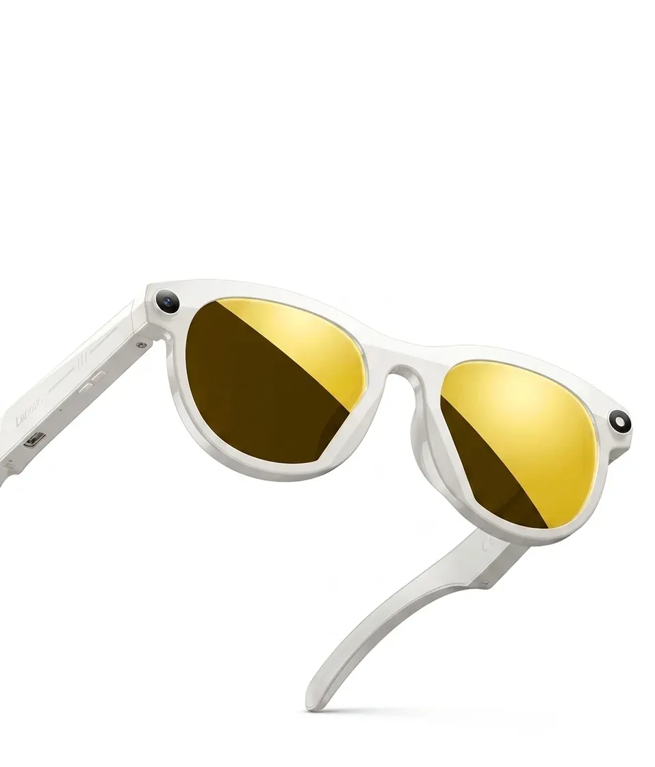 Lenovo white smart glasses with gold lenses