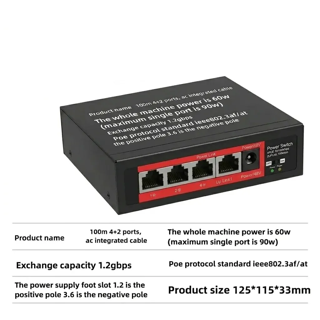 Dahua 48V PoE Splitter Switch, 4-Port Fast Ethernet Desktop Unit