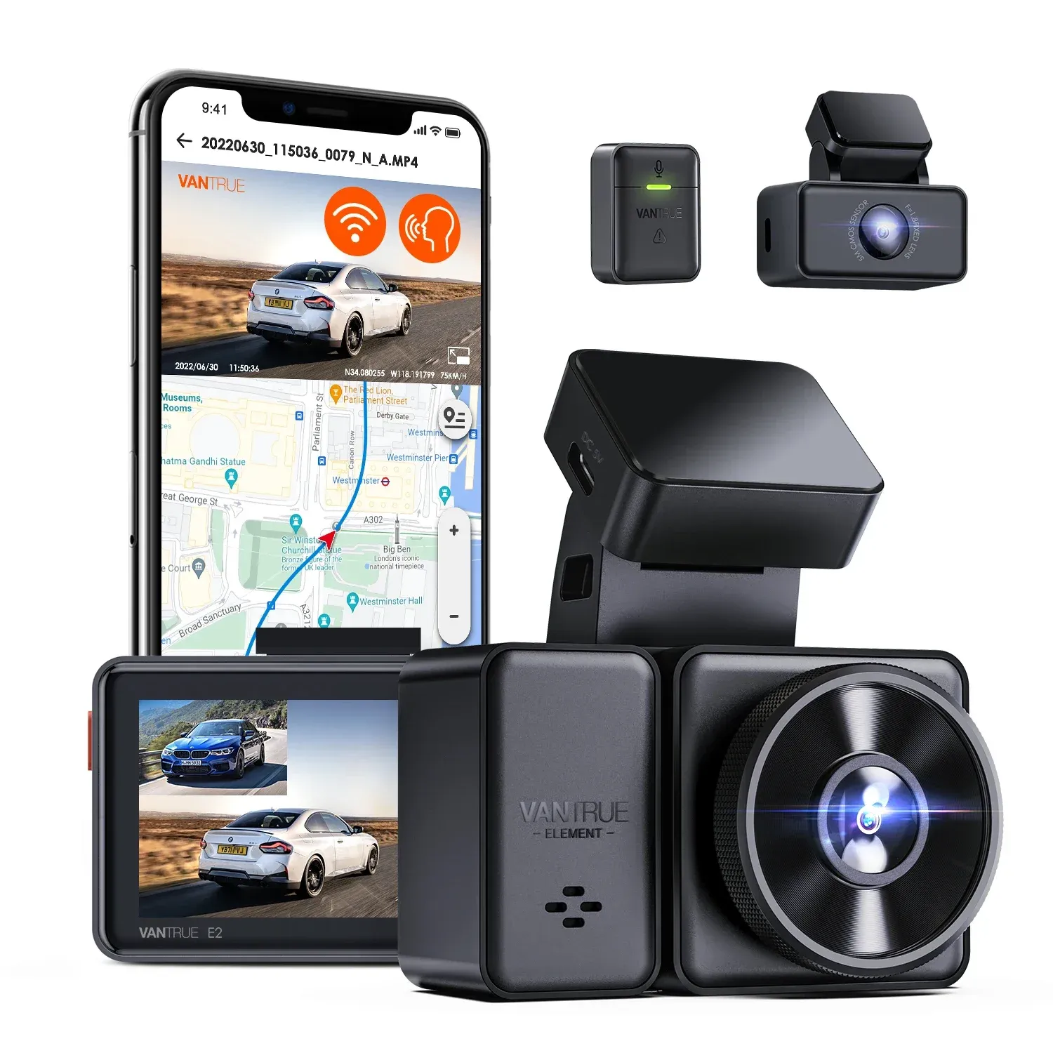 Vantrue E2 2.5K Front and Rear Dash Cam with GPS and Voice Control